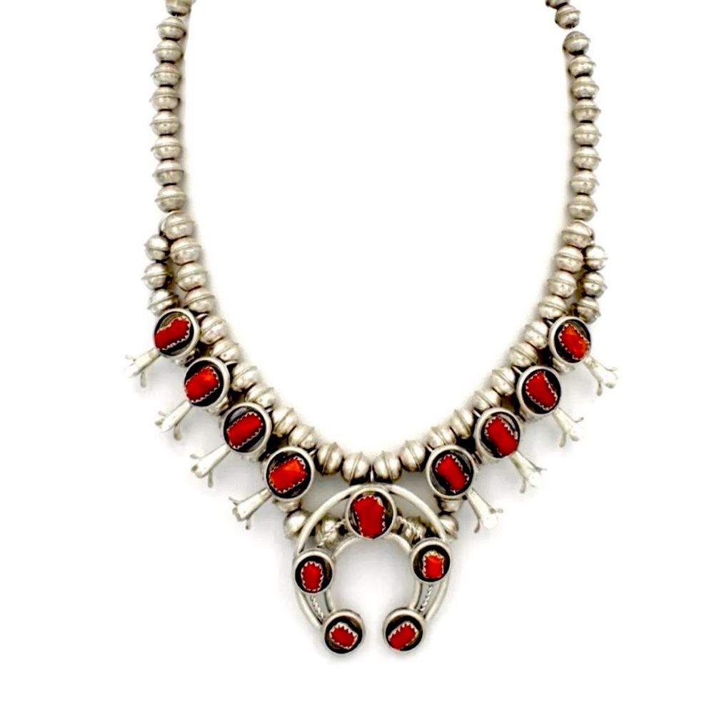 Signed - Phil Garcia , Navajo. Vintage Red Coral Squash Blossom Naja Necklace